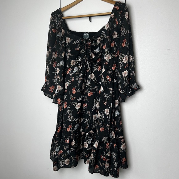 ARULA Dresses & Skirts - Arula Black Floral Mini Dress Square Neck Smocked Back Ruffle Long Sleeve XL (X)